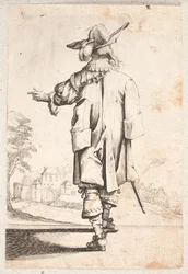 Kavalier von hinten gesehen: Gestikuliert mit der linken Hand. Trägt Umhang und Federhut. Umfriedete Stadt und Tor im Hintergrund