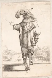 Gehender, rückwärts gewandter Mann mit Federhut, gestikulierend mit seiner linken Hand. Im Hintergrund rechts eine Stadt an einem Fluss