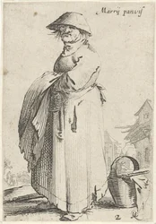 Frau mit Tuch über dem Arm, hinter ihr steht ein Korb auf dem Boden