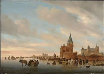 Winterlandschaft mit Eisvergnügen vor einem Capriccio der Stadt Arnheim, 1652