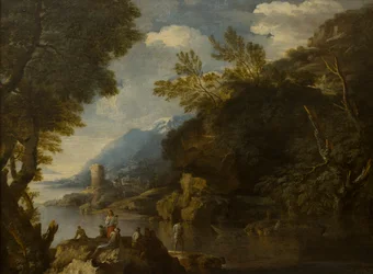 Landschaft mit Figuren und Booten