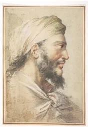 Kopf eines bärtigen Mannes im Profil nach rechts, einen Turban tragend