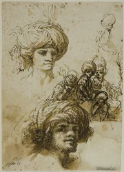 Skizzen von Männern mit Turban (recto); Fragment einer Figur und Skizzen von blattförmigem architektonischem Ornament (verso)
