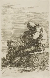 Zwei Krieger, einer sitzt schlafend auf einem Felsen im Vordergrund, aus der Figurinenserie