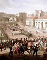 Einweihung der Eisenbahnlinie zwischen Neapel und Portici im Jahr 1839 in Anwesenheit von König Ferdinand II. (Detail)