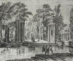 Amphitheater auf einer Insel im Lazienki-Park, Warschau, Polen, Lithographie von Salvatore Puglia