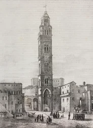 Glockenturm der Kathedrale von Gaeta, Latium, Italien, Lithografie von Salvatore Puglia nach einer Zeichnung von Pasquale Mattei (1813-1879), aus Poliorama Pittoresco, Nr. 48, 6. Juli