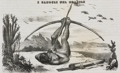 Caboclo-Mann mit Bogen und Pfeilen, Brasilien, Lithographie von Salvatore Puglia aus Poliorama Pittoresco, Nr. 41, 18. Mai