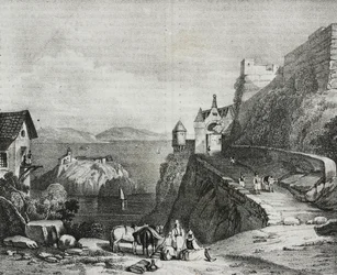 Schloss von Parga, Albanien, Lithographie von Salvatore Puglia aus Poliorama Pittoresco, Nr. 9, 9. Oktober