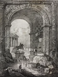 Römische Ruinen, Gemälde von Hubert Robert (1733-1808), Lithographie von Salvatore Puglia aus Poliorama Pittoresco, Nr. 28, 17. Februar