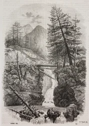 Hängebrücke über die Pyrenäen, Spanien, Lithographie von Salvatore Puglia aus Poliorama Pittoresco, Nr. 16, 23. November