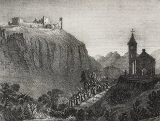 Reise nach Cappelluccia, Szene der Zauberlaterne, Sammlung von Geschichten und Bildern, Lithographie von Salvatore Puglia aus Poliorama Pittoresco, Nr. 41, 17. Mai