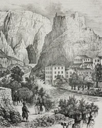 Ansicht von Fontaine-de-Vaucluse, Frankreich, Lithographie von Sardi aus Poliorama Pittoresco, Nr. 51, 30. Juli