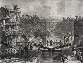 Ansicht von Lockport, im Staat New York, Vereinigte Staaten von Amerika, Lithographie von Salvatore Puglia aus Poliorama Pittoresco, Nr. 1, 10. August