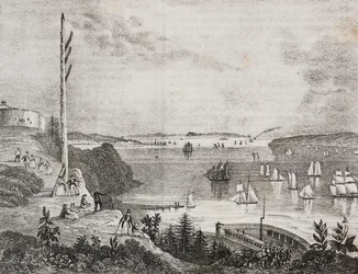 Ansicht der Bucht von New York von der Telegraphenstation, Vereinigte Staaten von Amerika, Lithographie von Salvatore Puglia aus Poliorama Pittoresco, Nr. 6, 14. September
