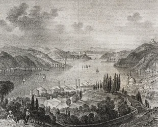Ansicht der Dardanellenstraße, Lithographie von Salvatore Puglia aus Poliorama Pittoresco, Nr. 20, 23. Dezember