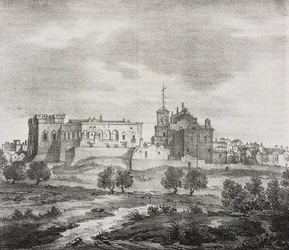 Westansicht von Mesagne, Apulien, Italien, Lithographie von Salvatore Puglia aus Poliorama Pittoresco, Nr. 47, 29. Juni