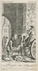 Sammeln von Pestopfern, Holywell Lane, Shoreditch, London, UK (Gravur)