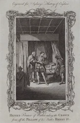 Heinrich Prinz von Wales nimmt die Krone vom Kissen seines Vaters Heinrich IV.