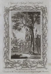Der Gouverneur von Meaux wird an dem Baum hingerichtet, an dem er seine englischen Gefangenen aufzuhängen pflegte