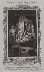 Tyrrel und seine Komplizen ersticken Edward V. und den Herzog von York im Tower auf Befehl von Richard III. (Stich)
