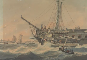 Kriegsschiff und Schiffe vor der Küste