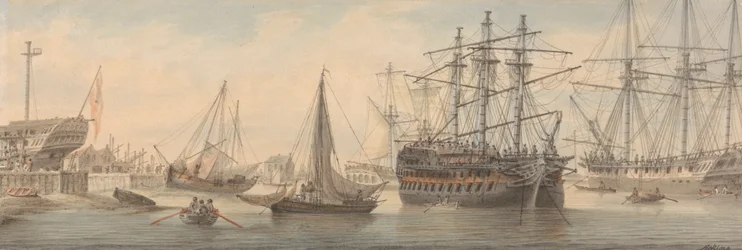 Kriegsschiffe und andere Schiffe auf der Themse (höchstwahrscheinlich in Deptford)