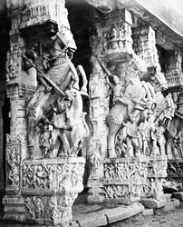Geschnitzte Pferdesäulen im Ranganatha-Tempel, Srirangam, 1869