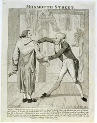 Monmouth Street, eine Karikatur eines Altkleidersellers, graviert von J. Cooke