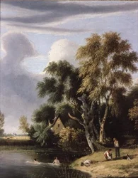 Jungen baden in einem Bach