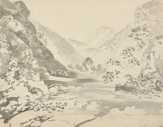 Flussszene mit Bergen im Hintergrund