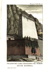 Wohnung des Tessaling Lama mit dem religiösen Gebäude namens Kugopea. Illustration von Leutnant Samuel Davis aus Captain Samuel Turners (1759-1802) Bericht über eine Gesandtschaft an den Hof des Teshoo Lama in Tibet 1800. Kupferstich von Dell