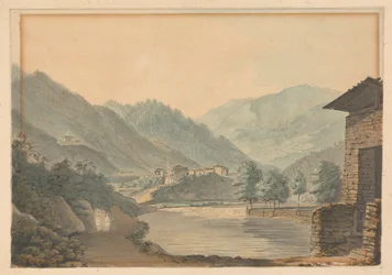 Gebirgsszene mit Gebäuden und Fluss