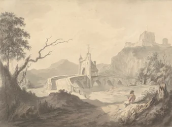 Flusslandschaft und Brücke mit Künstler im Vordergrund
