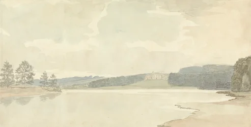 Flusslandschaft mit einem Landhaus in der Ferne
