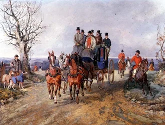 Eine Kutsche und vier Pferde auf der offenen Straße