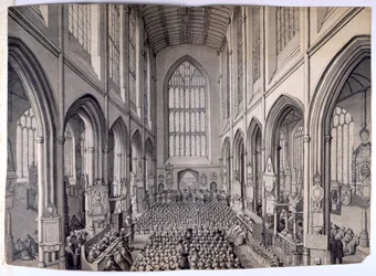 Ansicht vom Ostende des Inneren der Bath Abbey mit Gemeinde