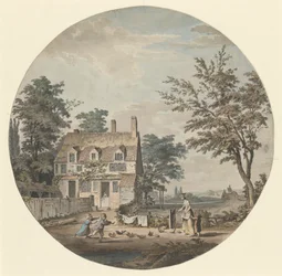 Landschaft mit Hütte, Brücke und Figuren