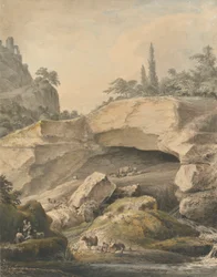 Felsige Landschaft mit Bauern und Vieh