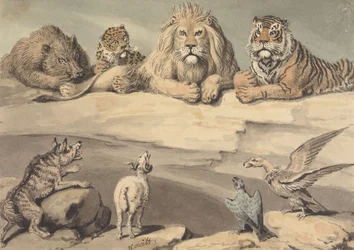 Ein Eber, ein Leopard, ein Löwe, ein Tiger, ein Wolf, ein Widder und zwei Adler