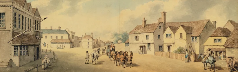 Eine Kutsche und vier Pferde passieren Chippenham, Wiltshire