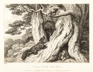Ein Hahn auf einem Baum überlistet einen Fuchs, während ein Hund schläft. 1811