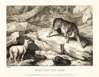 Ein Wolf versucht, das Töten eines Lamms in der Nähe eines Flusses zu rechtfertigen. 1811