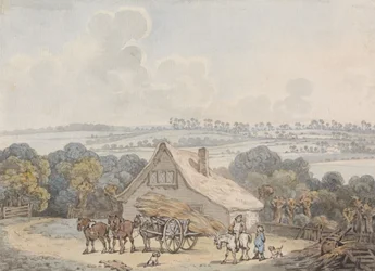 Landschaft mit Heuwagen vor einem Cottage
