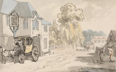 Reiter vor einem Gasthaus