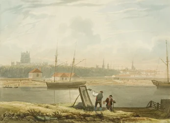 Blick über den Schwimmhafen mit der Kathedrale und den Stadtkirchen, um 1825