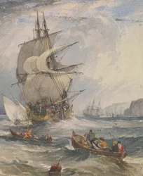 Segelschiffe und kleine Boote in rauer See vor der Küste