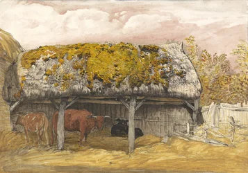 Ein Kuhstall mit moosigem Dach, ca. 1829