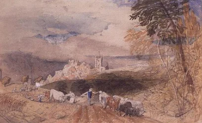 Hügelige Landschaft mit Bauern beim Pflügen