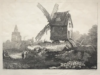 Eine Reihe alter Gebäude und ländlicher Hütten im Norden Englands: In Crowland, Windmühle, 182